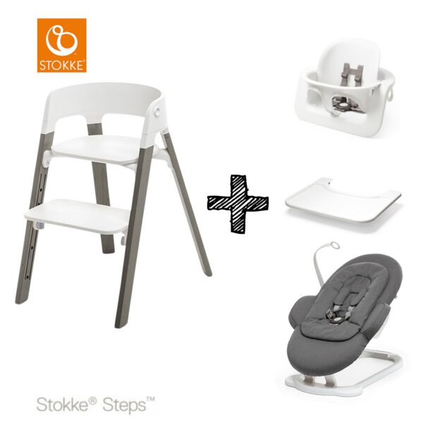 Kinderstoel Stokke Steps White/Hazy Grey met Babyset & Wipstoel Deep Grey & Eetblad